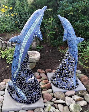 Two hand modelled mosaic dolphins (2019) - by Marie Elisabeth A. Franck Mortensen, CreativeSpaces-fm.com